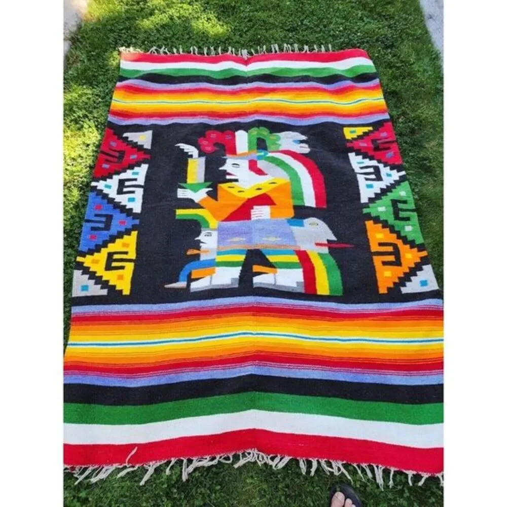 Vintage Mexican‎ Ceremonial Blanket Wool Rug Weaving Bright Colors 55x75